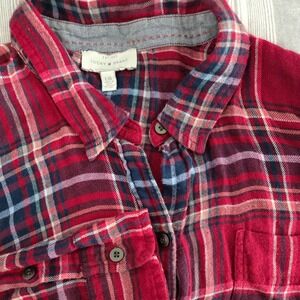 Lucky Brand Women's Red Plaid Flannel‎ Back Button Detail Long Sleeve Shirt Sz L
